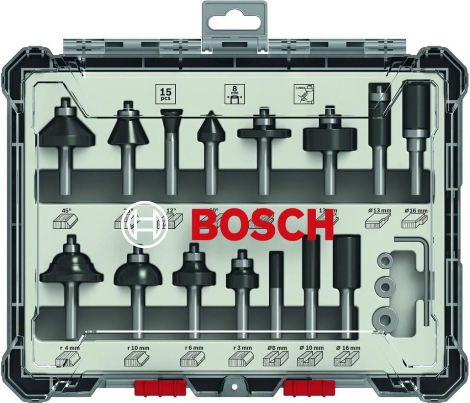 Bosch - Profesyonel 15 Parça Karışık Freze Ucu Seti 8 mm Şaftlı