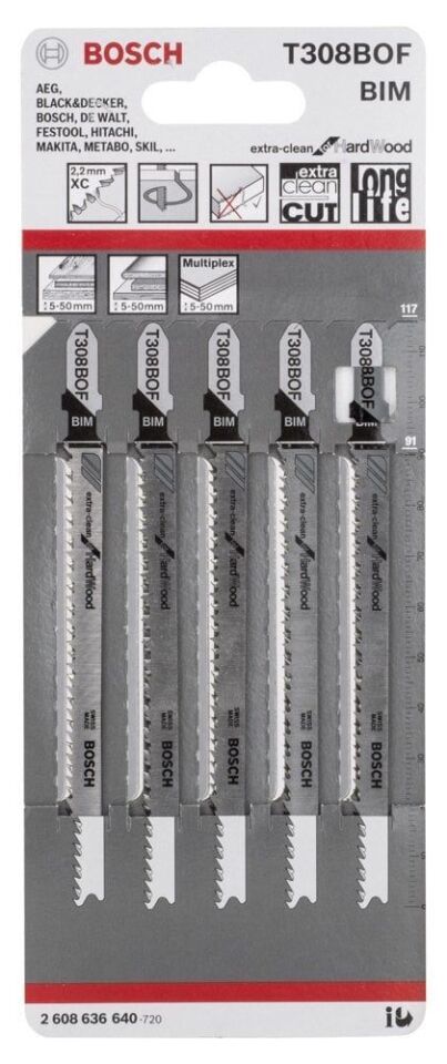 Bosch - Extra Temiz Kesim Serisi Sert Ahşap İçin T 308 BOF Dekupaj Testeresi Bıçağı - 5'Li Paket