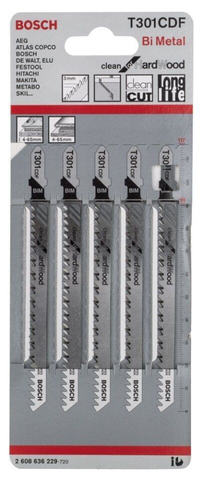 Bosch - Temiz Kesim Serisi Sert Ahşap İçin T 301 CDF Dekupaj Testeresi Bıçağı - 5'Li Paket