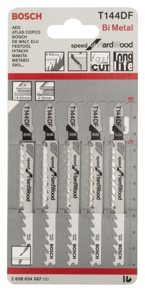 Bosch - Hızlı Kesim Serisi Sert Ahşap İçin T 144 DF Dekupaj Testeresi Bıçağı - 5'Li Paket