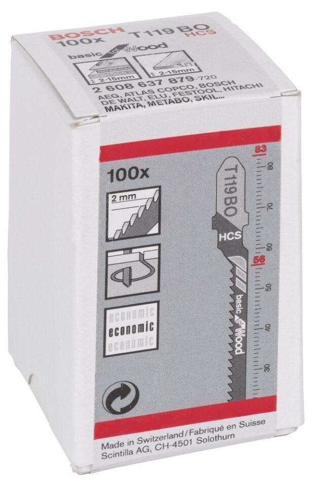 Bosch - Ekonomik Seri Ahşap İçin T 119 BO Dekupaj Testeresi Bıçağı - 100'Lü Paket