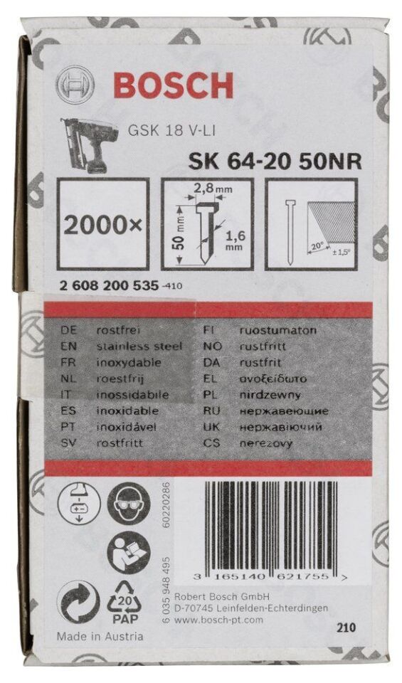 Bosch - Başsız Çivi 20ᵒ 50 mm Paslanmaz 2000li