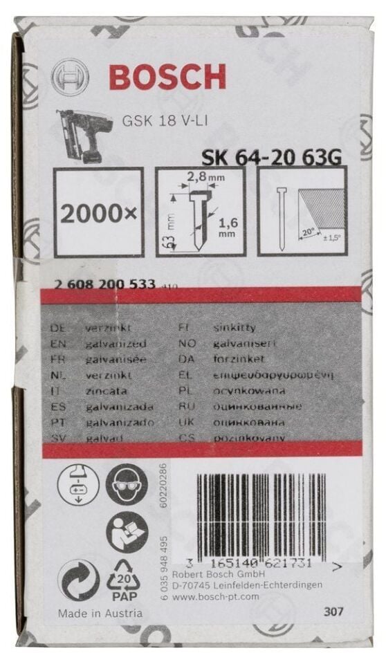 Bosch - Başsız Çivi 20ᵒ 63 mm Galvanizli 2000li