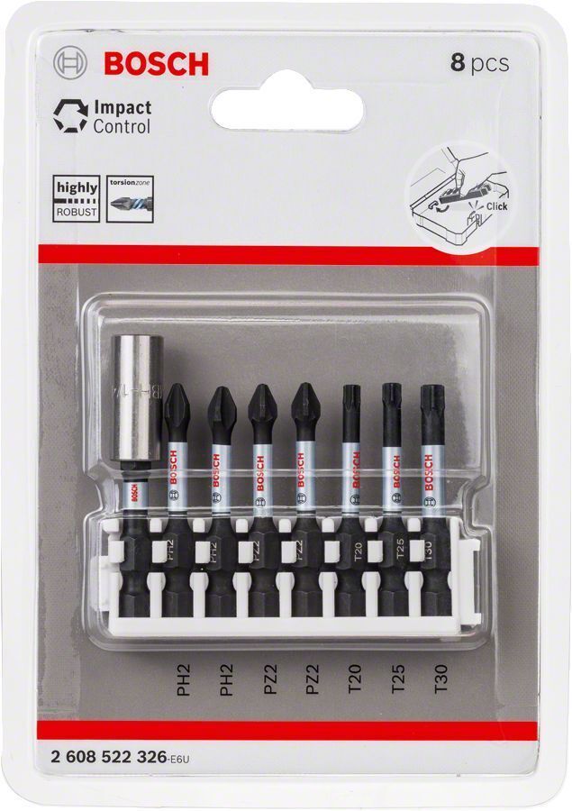 Bosch - Impact Control Serisi Vidalama Ucu 8'li PH2x2/PZ2x2/T20/T30 *50mm + Standart Tutucu *60mm