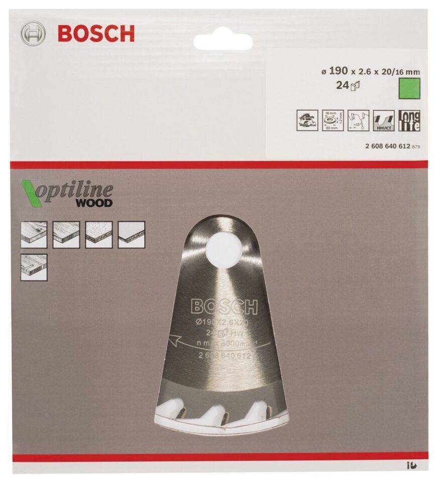 Bosch - Optiline Serisi Ahşap için Daire Testere Bıçağı 190*20/16 mm 24 Diş
